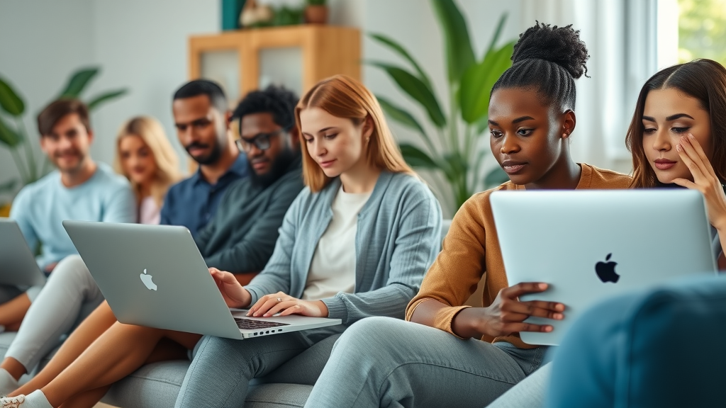 Modern diverse people engaging in a virtual online hypnosis session, using laptops in cozy home office or living room spaces, expressing relaxation and attentiveness.