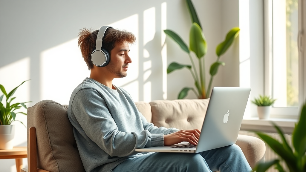 Bright, welcoming home workspace set up for an online private hypnotherapy session, with a relaxed individual at a laptop in a cozy, plant-filled living room.