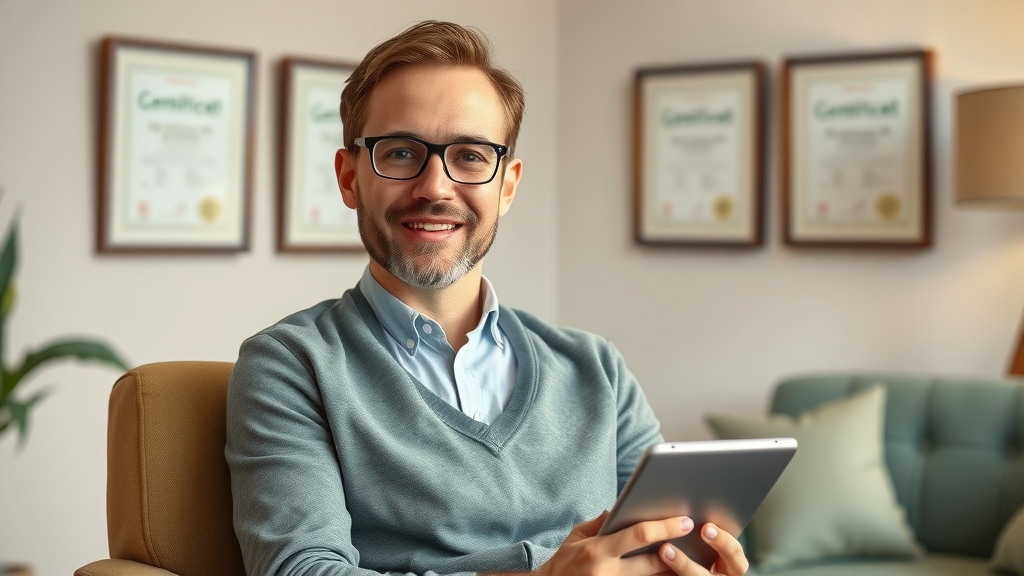Professional certified hypnotherapist seated confidently in a modern office, with certificate frames visible and digital tablet on the desk, warm trustworthy expression.