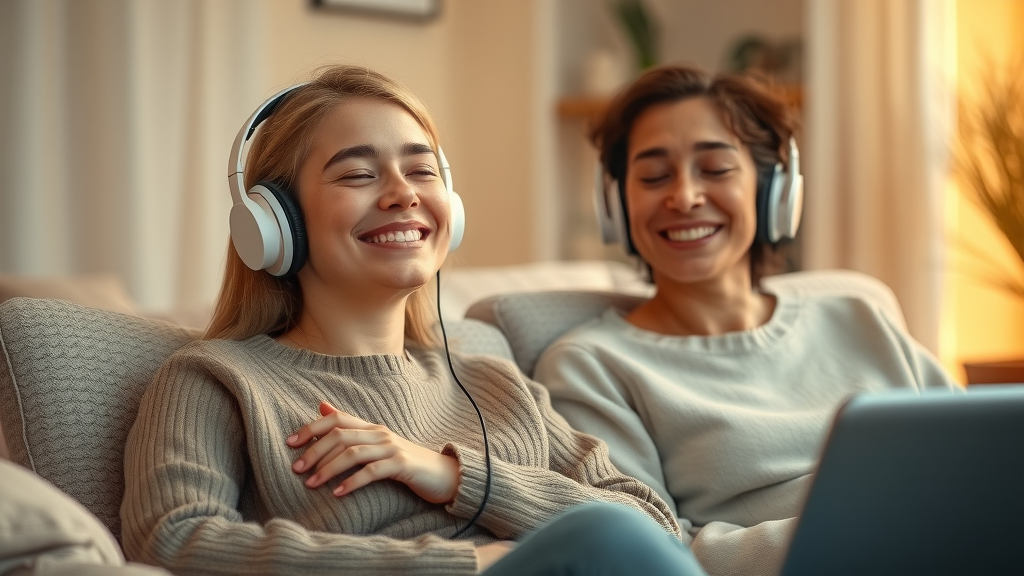 Relaxed, hopeful clients in a virtual online hypnosis session, expressing peaceful and satisfied emotions in serene home environments with warm lighting.