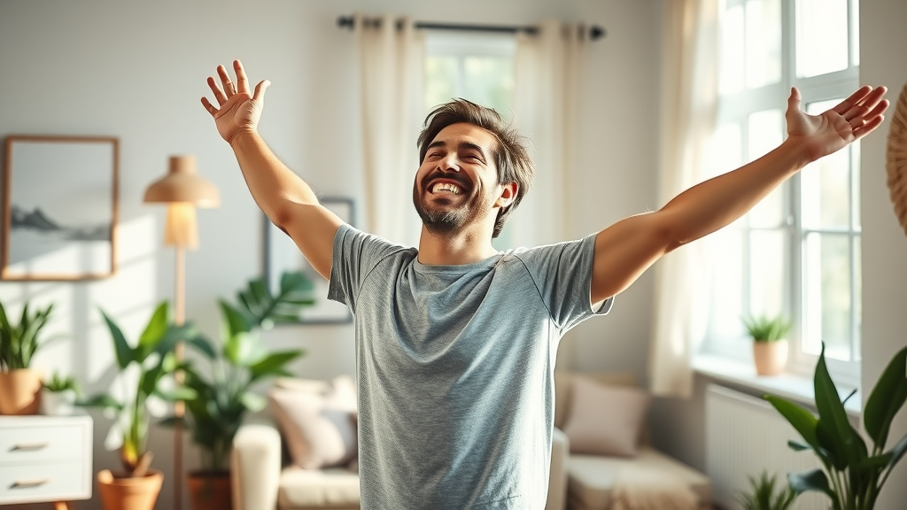 Uplifting scene of a client celebrating progress after an online hypnosis session, stretching arms joyfully in a bright home interior filled with morning light.