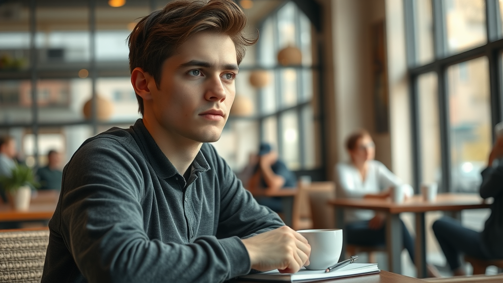 Young adult reflecting in café with coffee and notebook, illustrating the power of reframing with NLP