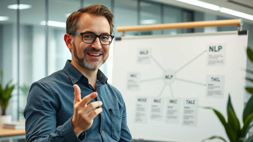 Professional coach explaining NLP reframing concepts in a modern training room, representing the essentials of NLP reframing