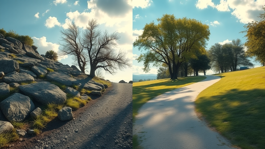 Visual metaphor of two paths, representing content reframing versus context reframing in NLP