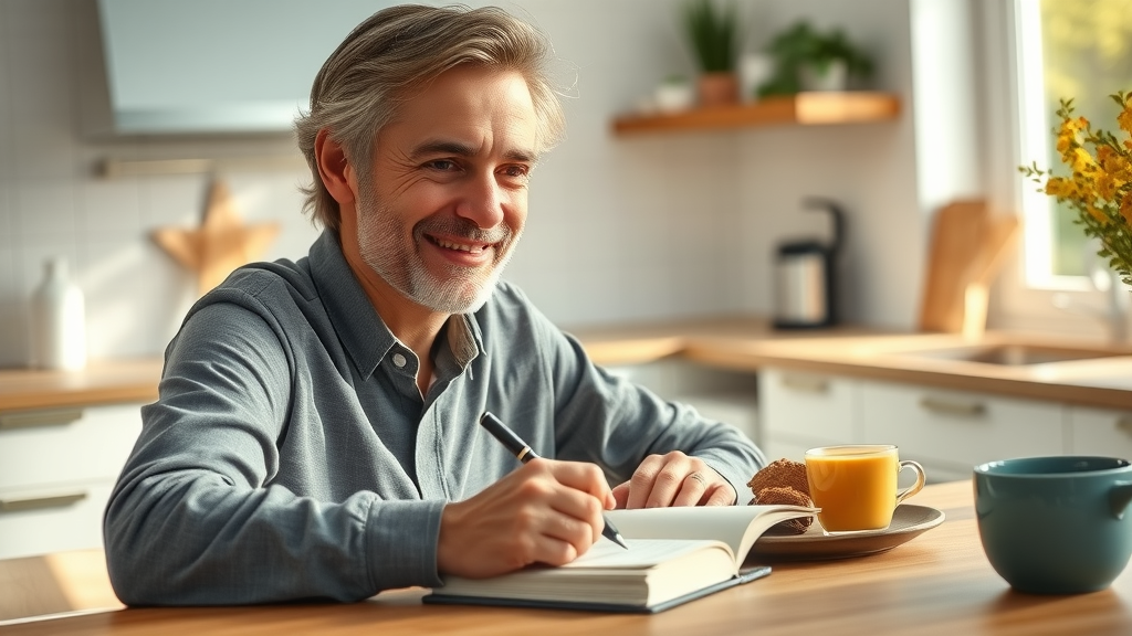 Smiling adult journaling positive thoughts at breakfast, demonstrating how to practice NLP reframing regularly