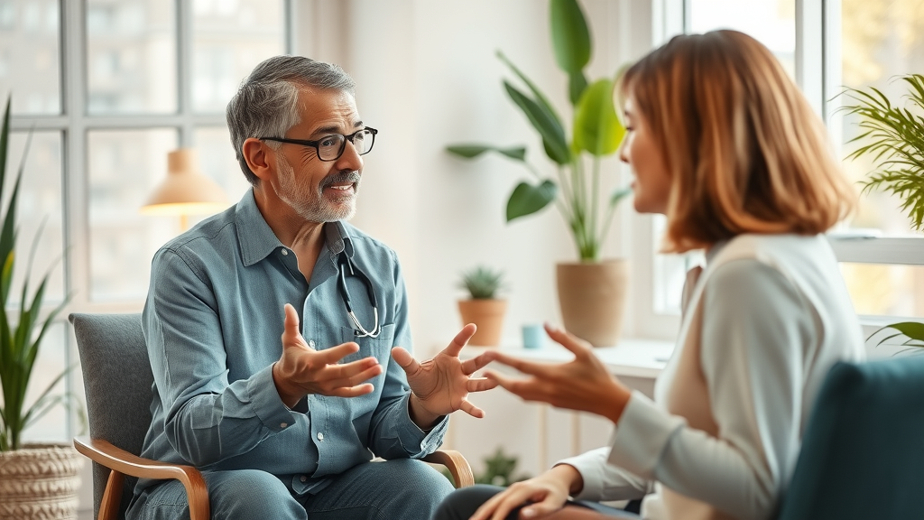 Therapist counseling client on reframing with NLP, reflecting expert perspectives and research findings