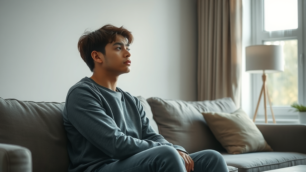 Thoughtful young adult considering treating depression with hypnosis support, neutral mood, modern living room mental health