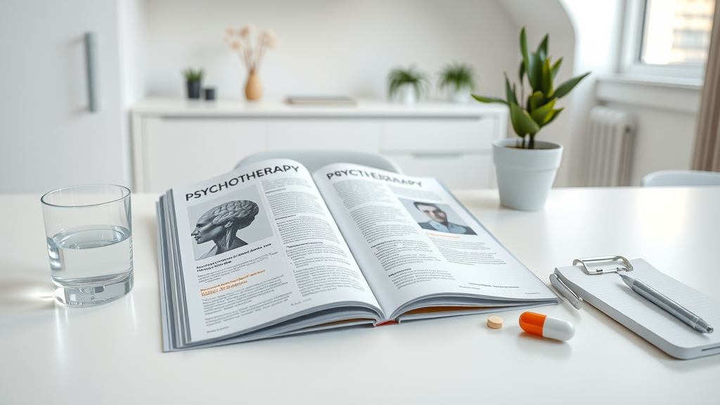 Balanced treatment options for depression, showing medication, therapy, and hypnosis session for mental health in a bright clinic office