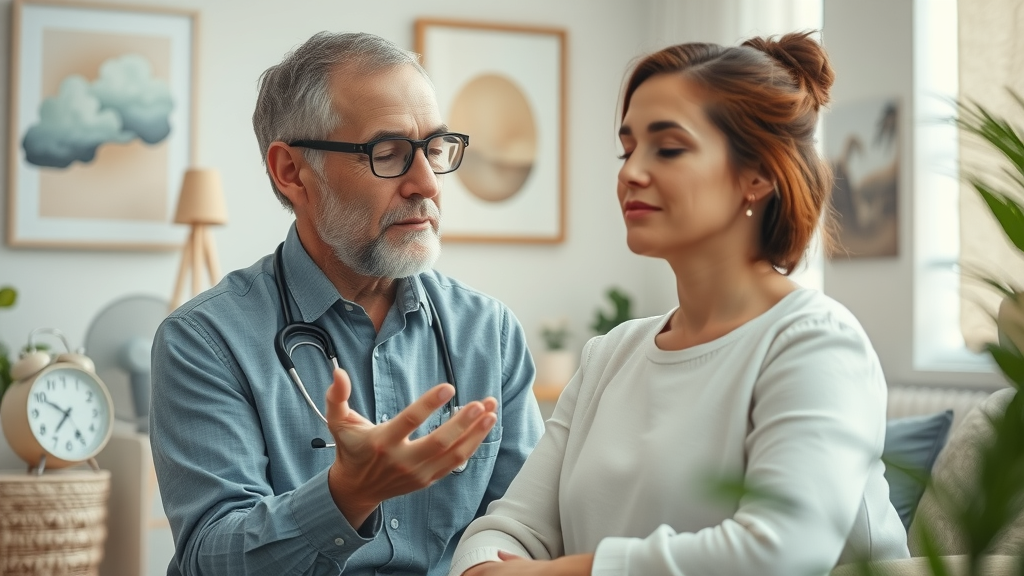 Focused clinical hypnosis session for mental health, hypnotherapist guiding client, supportive expression, calm therapy room