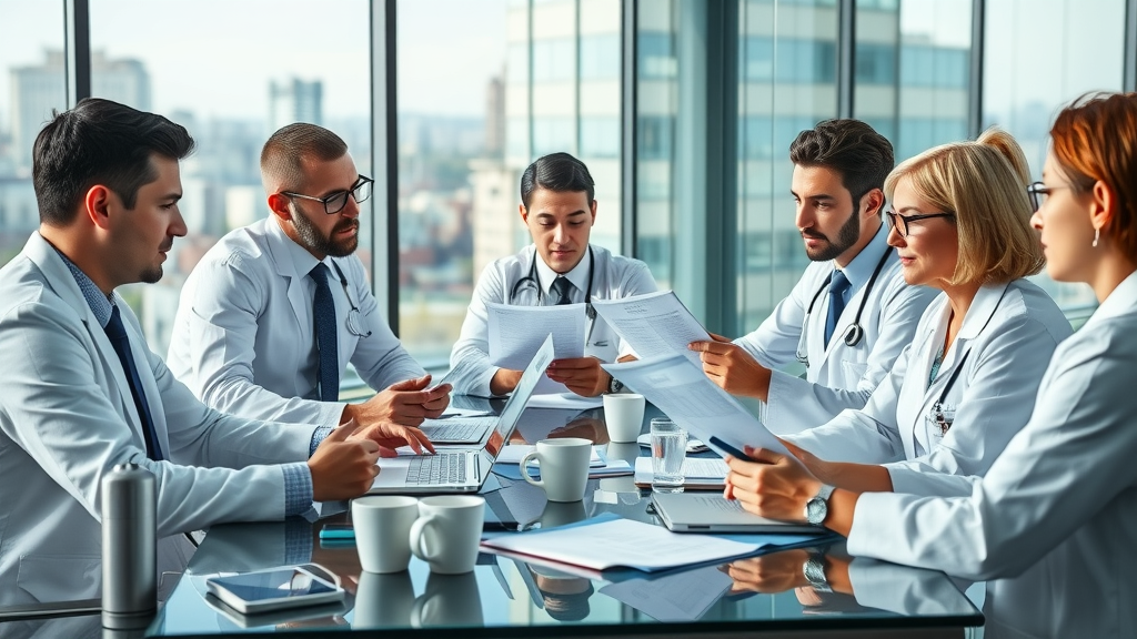 Research review clinicians analyze systematic reviews and clinical trials on hypnosis for depression support, modern conference room