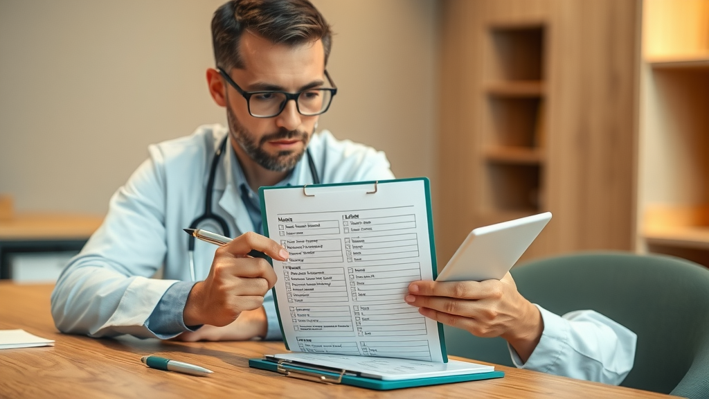 Healthcare professional reviewing hypnosis for depression side effect checklist in a clinical setting