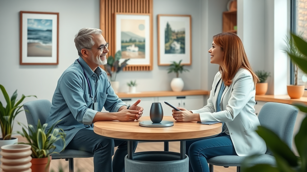 Reassuring clinical environment for hypnosis session, practitioner and client discussing depression support options