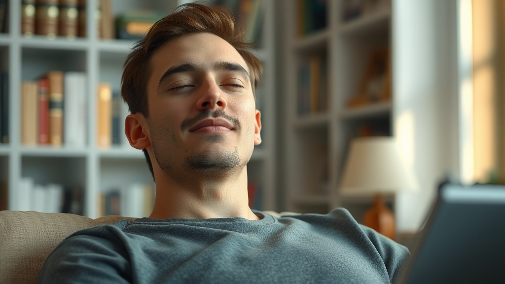 Hypnosis and the Subconscious Mind: Enlightened individual peacefully resting with closed eyes in a serene home study, representing calm introspection and subconscious exploration. Highly detailed, warm natural tones, soft ambient lighting, photorealistic.