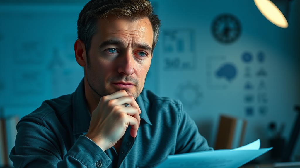 Conscious Process and Mind: Thoughtful person, analytical expression, deep in contemplation in a high-contrast study room with cognitive diagrams, reflecting conscious awareness and analytical thinking.