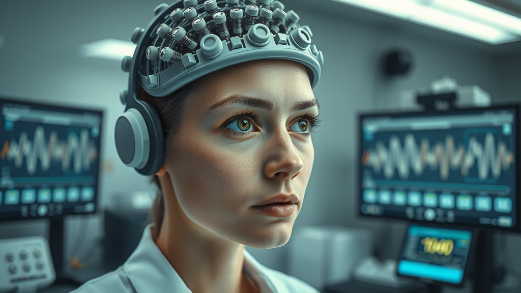 Hypnosis and Brain Waves: Person with EEG cap in neuroscience lab observing brain wave activity, illustrating how hypnosis shifts the brain into altered states for subconscious access.