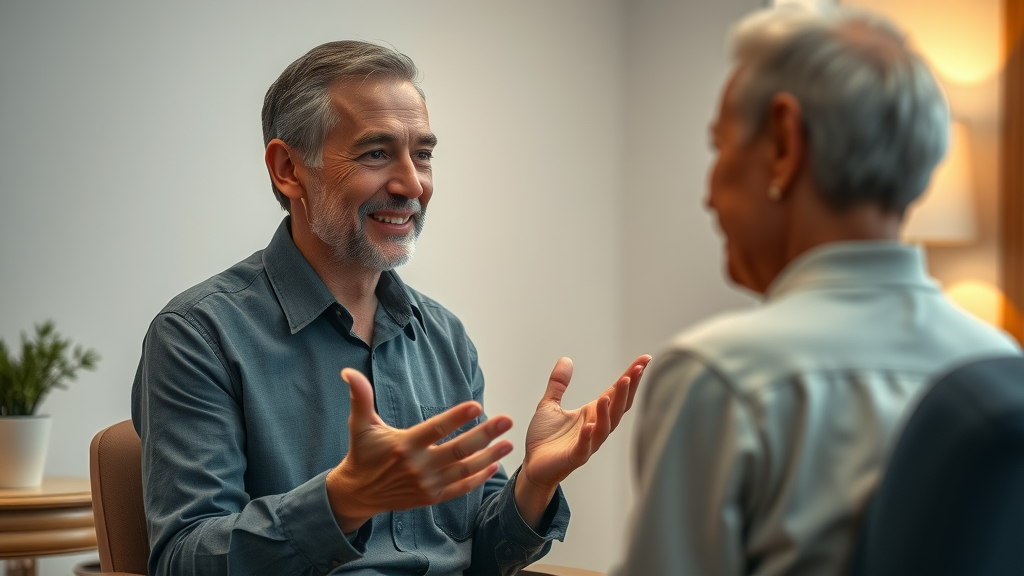 Hypnosis for Change: Calm hypnotist gently guiding a client into a trance in a tranquil therapy room, reflecting the support and safety provided during deep hypnosis and subconscious engagement.