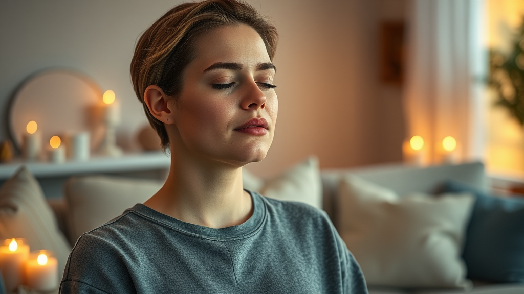 Self-Hypnosis Practice: Focused individual practicing self-hypnosis in a cozy living room, representing personalized techniques to tap the subconscious mind for personal growth.