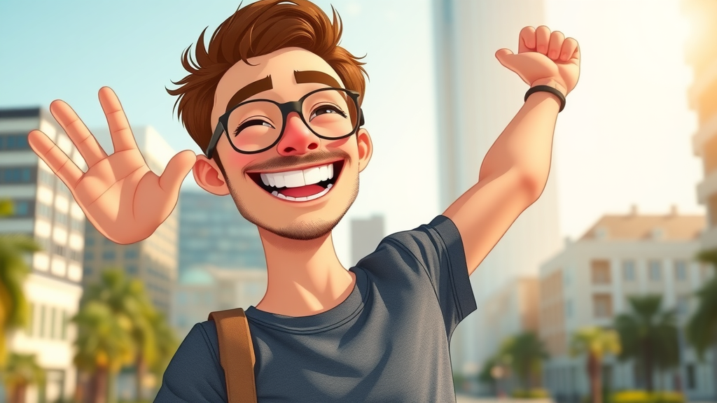 Hypnosis Creates Positive Change: Joyful person with newfound confidence in vibrant outdoor city setting, demonstrating successful transformation using hypnosis and subconscious mind principles.