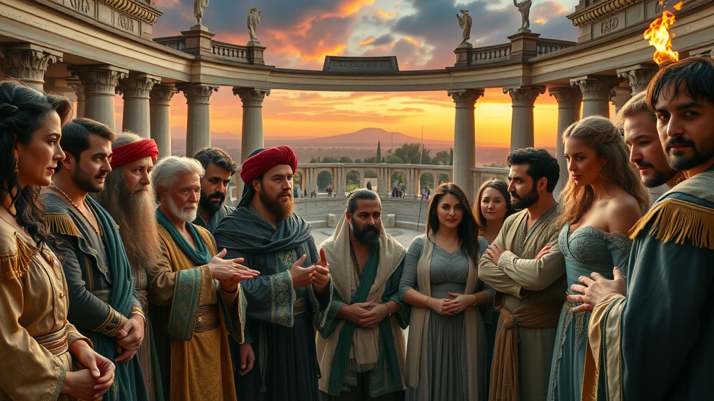 Hypnosis Across Cultures: Diverse group in historical attire observing hypnosis demonstration in an ancient amphitheater, highlighting the global and historical roots of hypnosis practice.