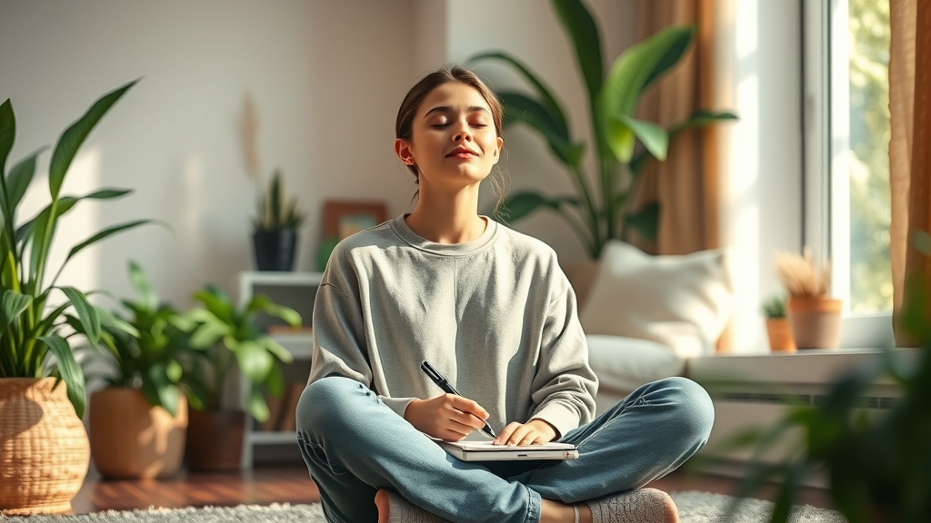 Serene person practicing self-hypnosis script writing in a cozy sunlit room for personal transformation