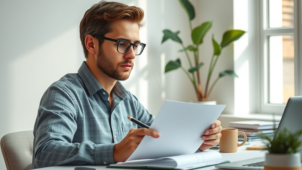 Focused writer brainstorming and writing a personalized self-hypnosis script at a tidy workspace