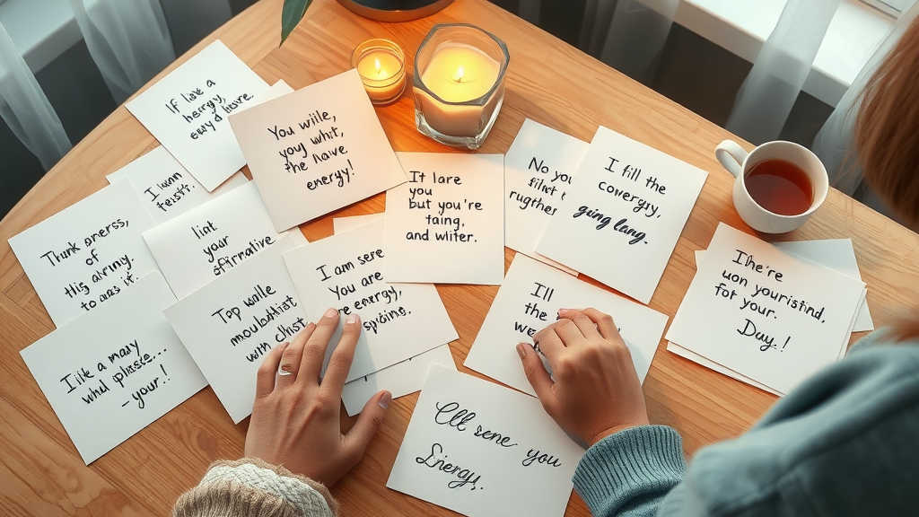 Diverse handwritten affirmations for self-hypnosis script, actively arranged on a warm, inviting table