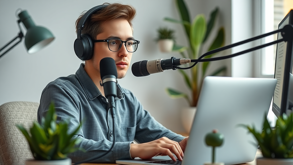 Person recording their self-hypnosis script with a microphone in a relaxed, modern workspace, ready for transformation
