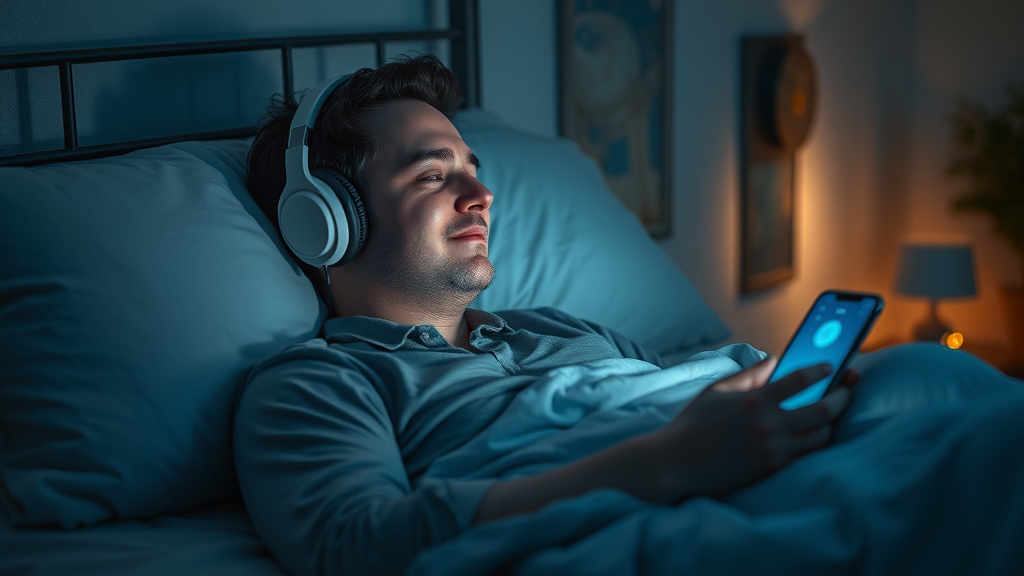 Individual relaxing at night, listening to self-recorded hypnosis script for sleep and positive change