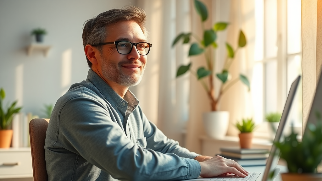Inspiring adult reflecting confidently in a peaceful home office practicing boosting self-confidence with hypnosis