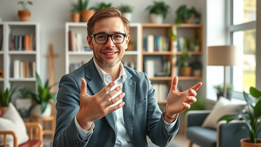 Professional hypnotherapist discussing boosting self-confidence with hypnosis in a warm modern office