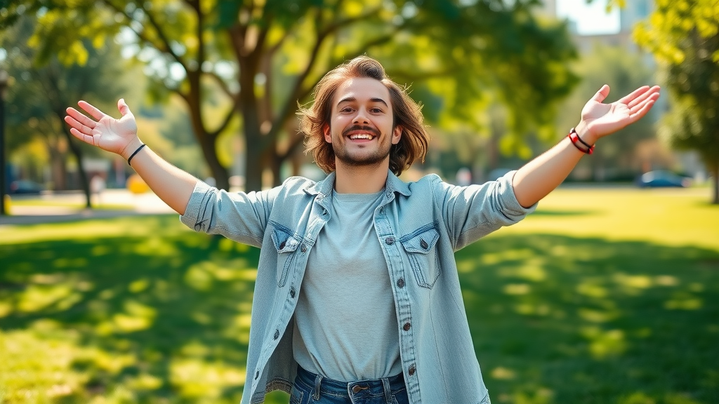 Uplifting image of a person radiating confidence after boosting self-confidence with hypnosis outdoors