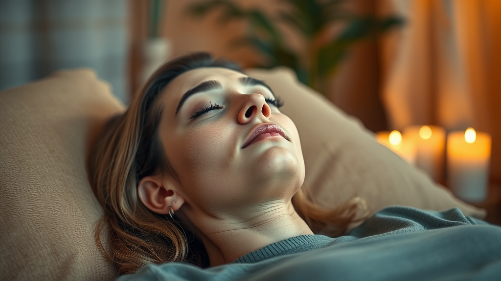 Person relaxed during regression hypnosis for confidence, focusing on inner transformation