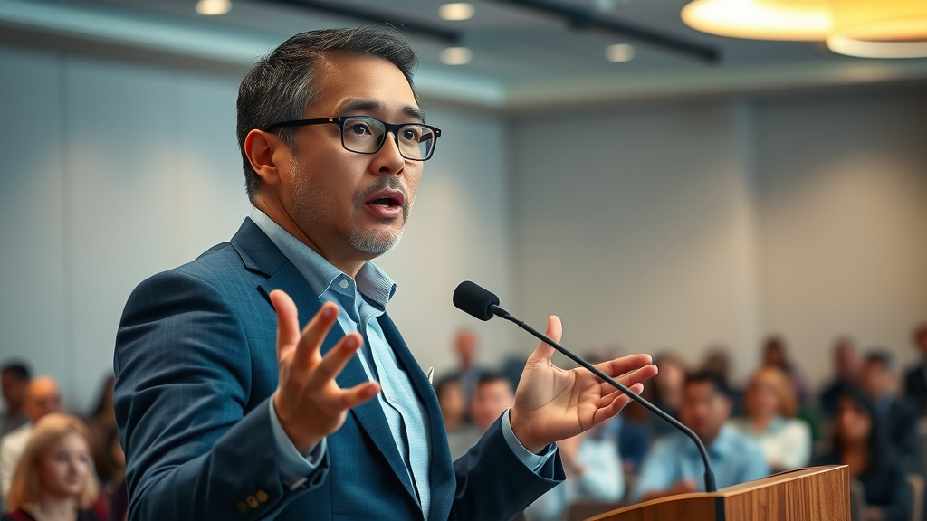 Confident speaker overcoming public speaking fears through hypnosis for confidence