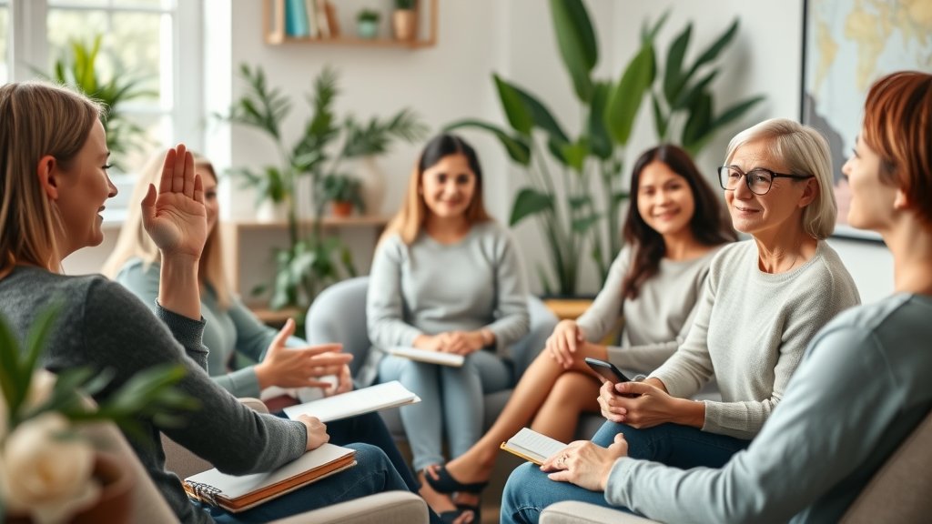 anchoring in nlp - Group therapy session about NLP anchoring, demonstrating a sensory anchor gesture in a supportive setting