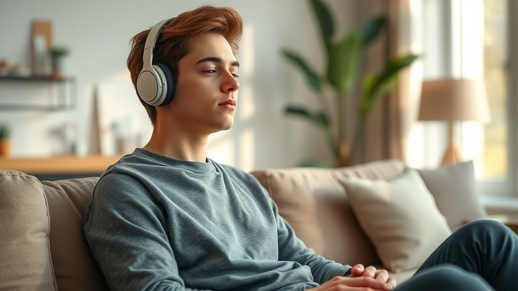 self-hypnosis for building self-discipline - young adult listening to hypnosis audio in peaceful, modern living room