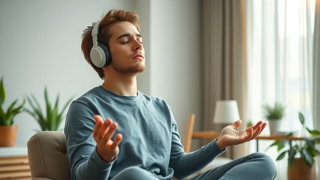 self-hypnosis for building self-discipline - individual meditating with hypnosis audio in tranquil home office