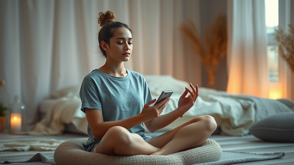 self-hypnosis for building self-discipline - person in lotus position preparing to start hypnosis audio session in peaceful bedroom