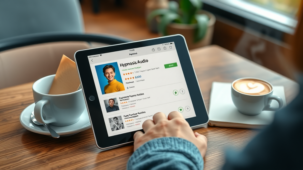 self-hypnosis for building self-discipline - shopper reviewing hypnosis audio products on tablet and smartphone in cozy café