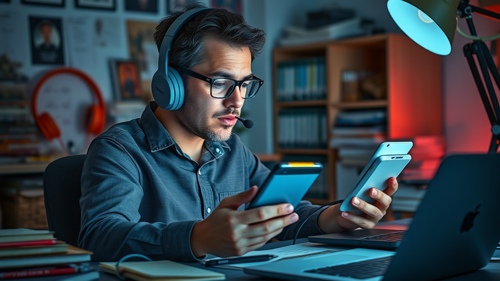 person struggling with multitasking during self-hypnosis for building self-discipline session in cluttered home office
