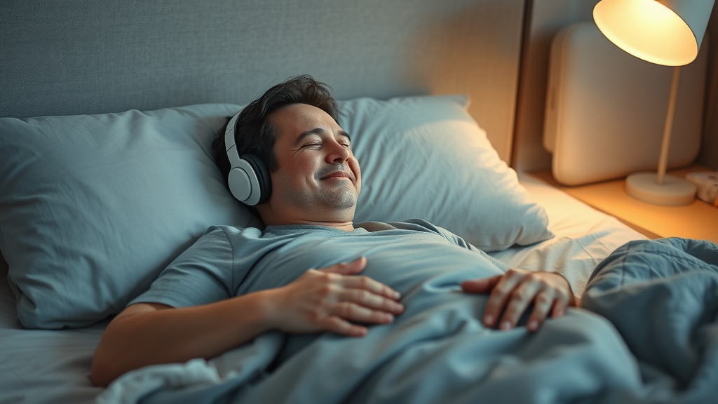 Adult using self-hypnosis for better sleep, lying peacefully in bed with headphones—serene expression in a softly lit bedroom.