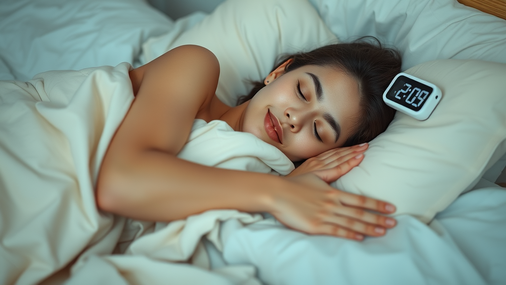 Person enjoying deep, restful sleep after using self-hypnosis, peaceful expression, cozy bedroom, glowing clock in background.