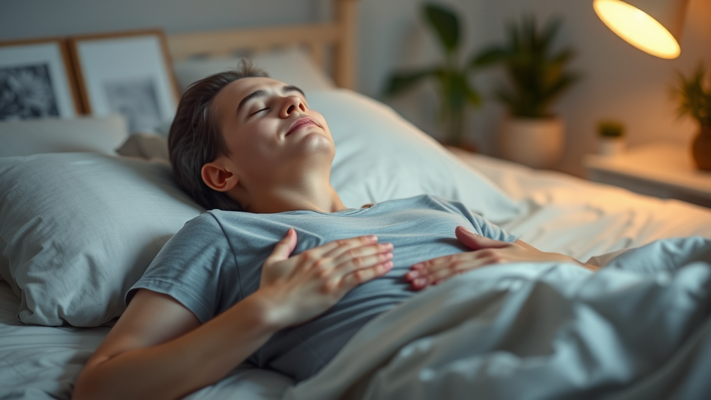 Individual using deep breathing before sleep for self-hypnosis. Calm, hand on chest, in softly illuminated bedroom.