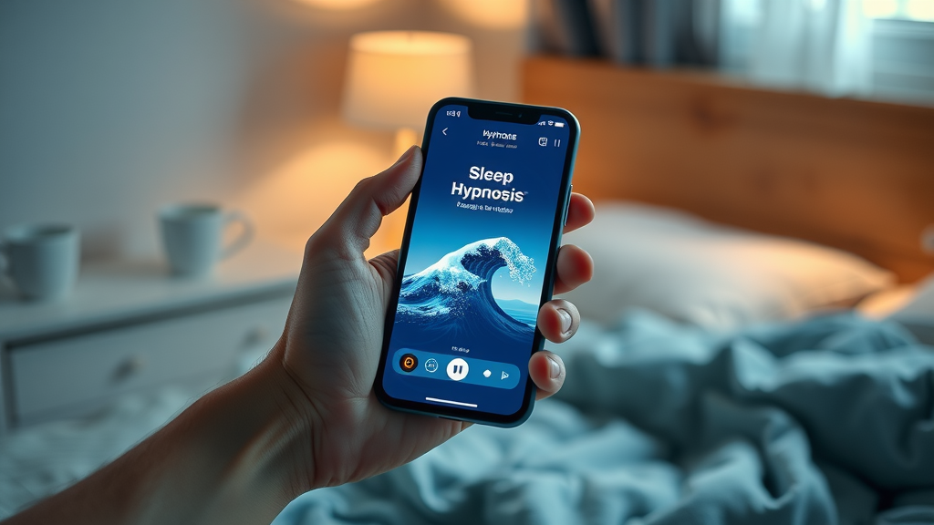 Modern smartphone showing a popular sleep hypnosis app for self-hypnosis, held in a relaxed pose with comfy bedroom ambience.