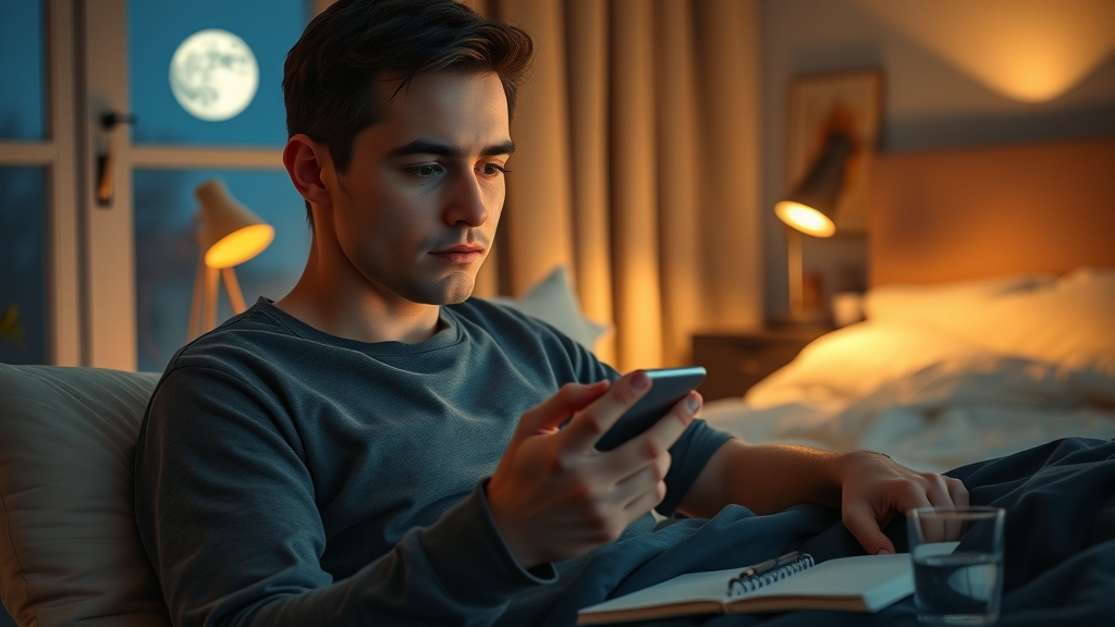 Person preparing for bed and using self-hypnosis for better sleep, peaceful, intentional routine in warmly lit bedroom.