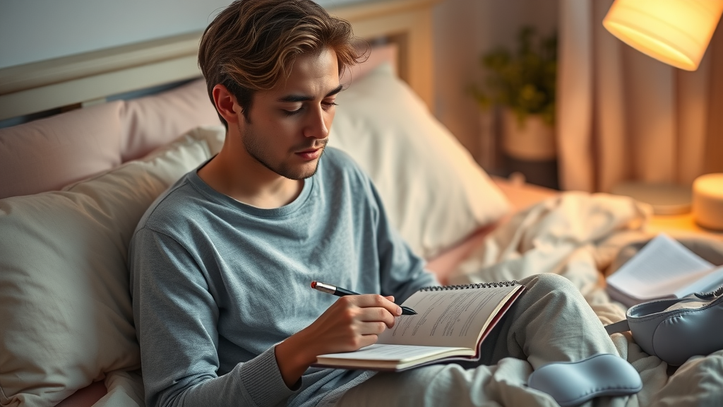 Person thoughtfully journaling their sleep hypnosis experience, sitting on bed, cozy evening lamp light and supportive decor.