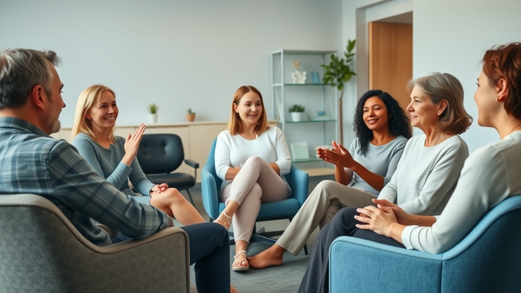 Uplifting group therapy session for hypnosis for alcohol reduction and control, featuring a supportive group and a therapist in a calming, modern setting with relaxed, natural expressions.