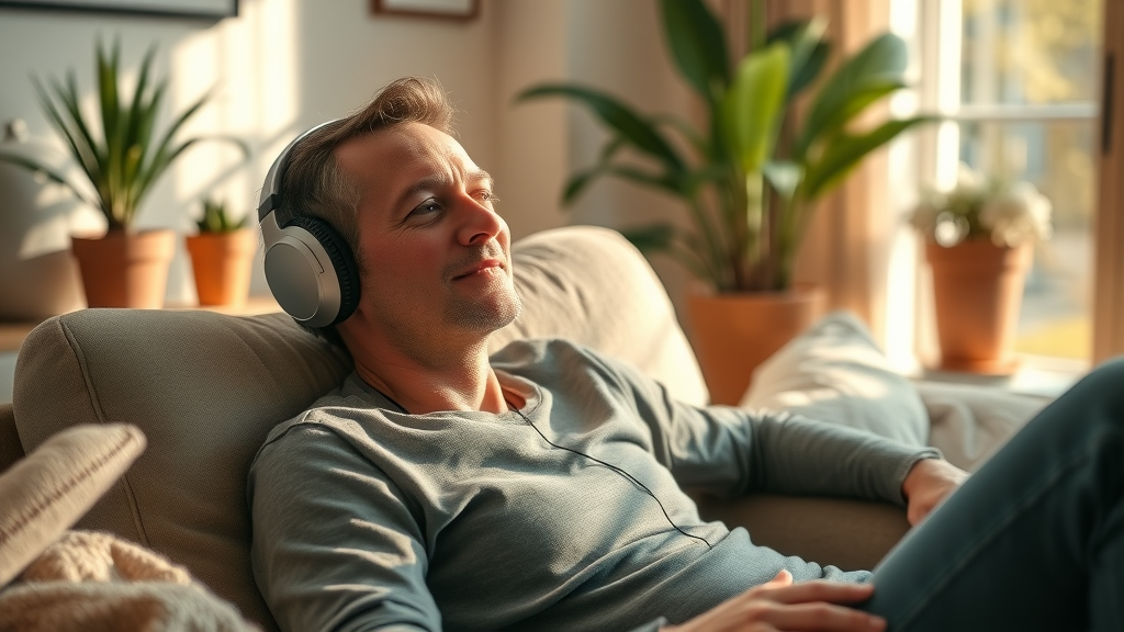 Focused individual listening to alcohol hypnosis audio while relaxing on a couch to reduce drinking, showcasing modern relaxation techniques for alcohol reduction and control.