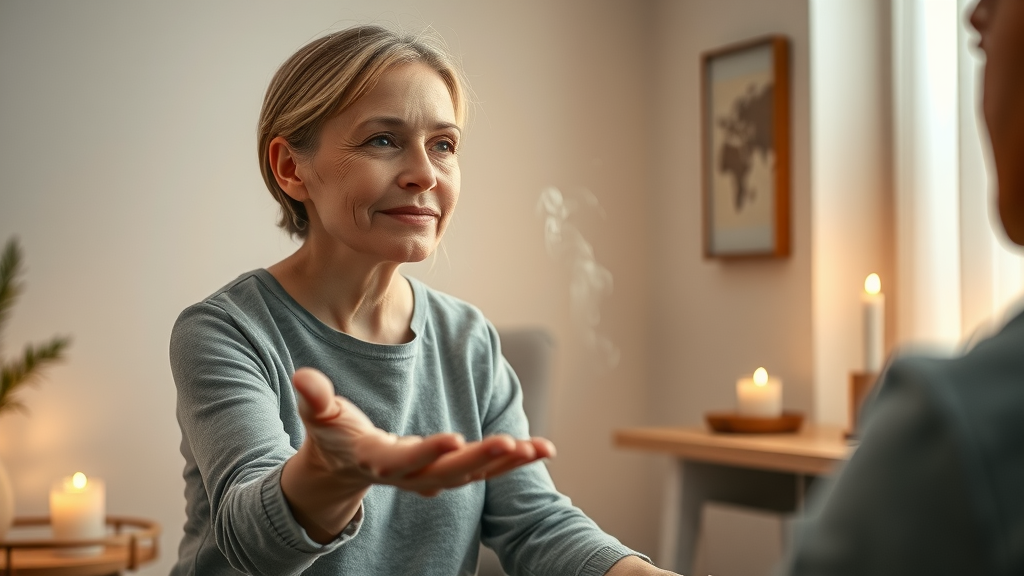 Empowering hypnotherapy session for alcohol use disorder, showing a therapist guiding a client through visualization, symbolizing the power of hypnosis for alcohol reduction and control.