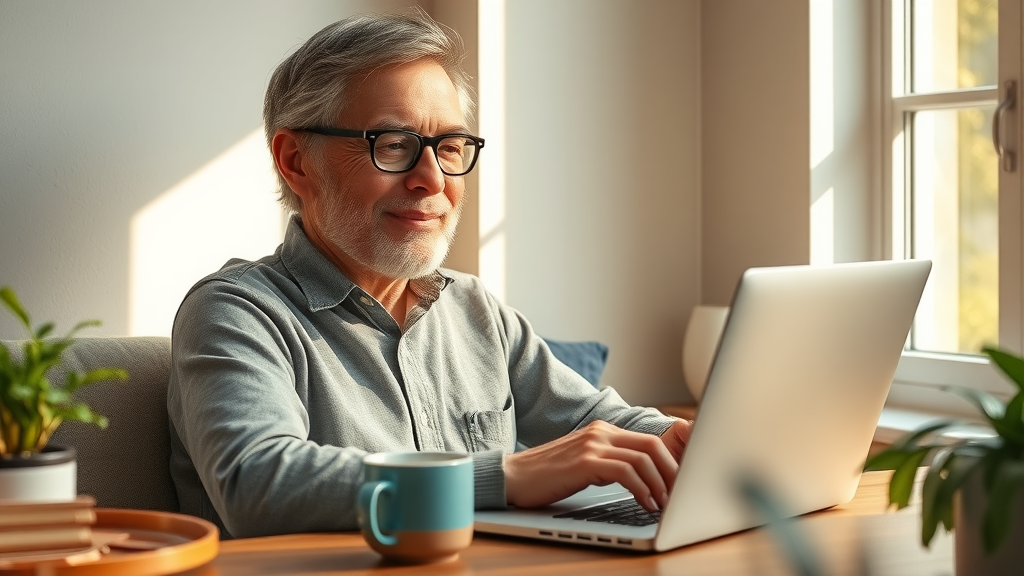 Satisfied client writing a positive testimonial after succeeding with alcohol reduction using hypnosis, in a warm, homey kitchen setting.