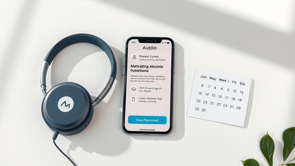 Clean product lineup for alcohol hypnosis—headphones, smartphone with an app, and appointment card for live sessions presented on a white tabletop for hypnosis for alcohol reduction and control.